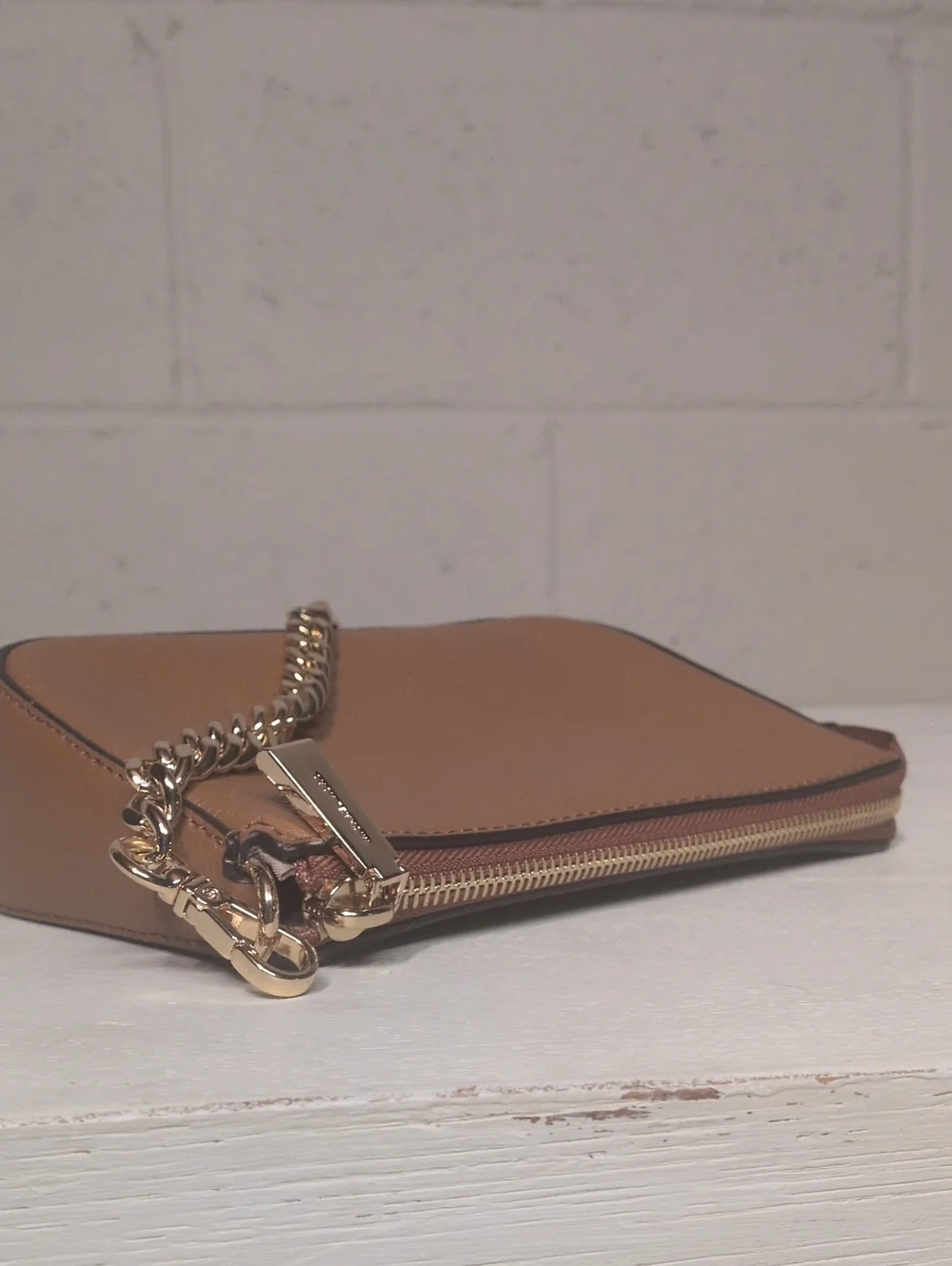Michael Kors Luggage Leather Mini Shoulder Bag Gold Chain Link Wristlet